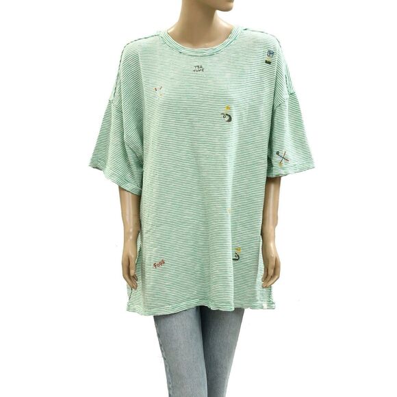 Free People We The Free Embroidered Camp Tee Tunic Top Oversized Stripe L 284402 - Picture 4 of 7